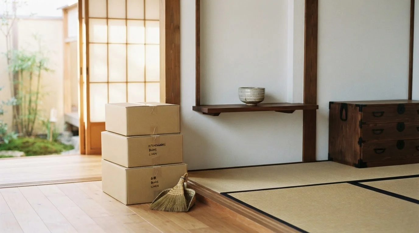 段ボール箱とほうきが置かれた、整理された和室
